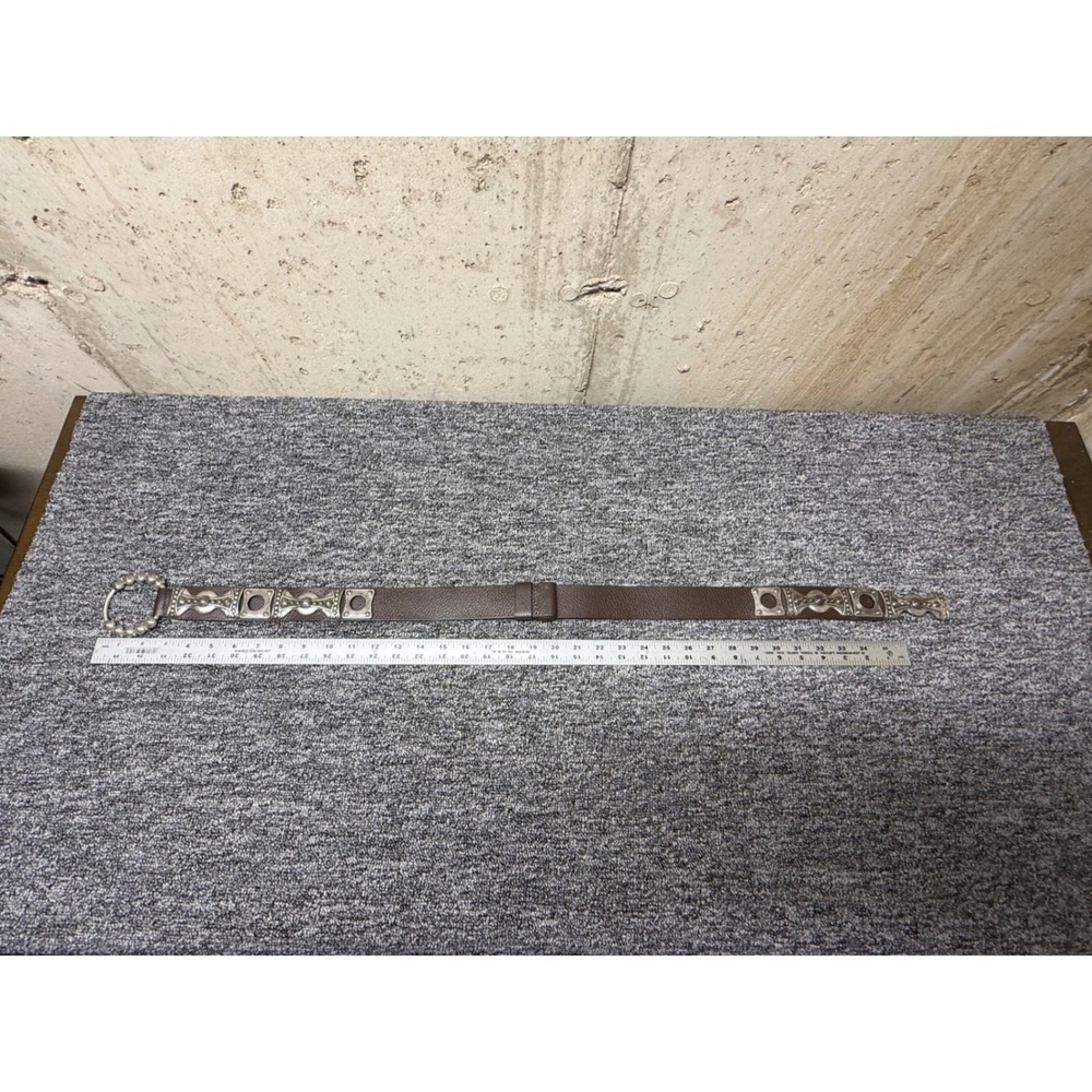 Chicos Brown Genuine Leather Belt Silver Metal Concho Beaded Buckle Size S/M